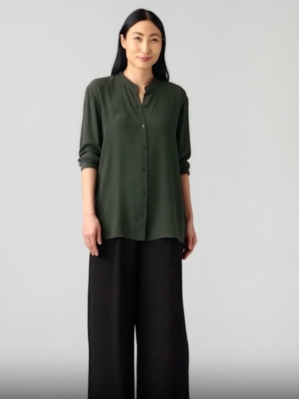 Eileen Fisher Silk Georgette Crepe Blouse Size L Green Banded Collar Luxury